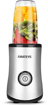 Amateys Licuadora personal con botón, licuadora de cocina profesional de 350 W para batidos y batidos, licuadora portátil de 17 onzas, fácil limpieza y funcionamiento, adecuada para transportar o