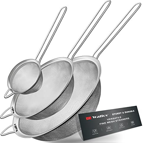 Walfos Fine Mesh Strainer Set of 3, Stainless Steel Wire Strainers for Kitchen, Multipurpose Metal Fine Sieve with Handle, Perfect for Food, Rice, Quinoa, 3, 5, 7