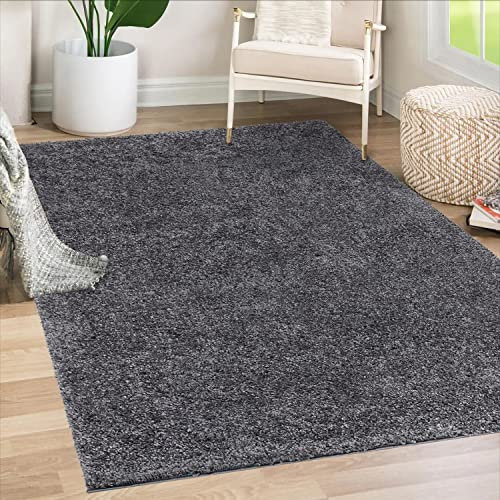 payé Teppich Wohnzimmer Hochflor Shaggy - 200x200cm - Anthrazit Einfarbig Uni Flauschig Modern Boho Deko Teppiche Weich Schlafzimmer