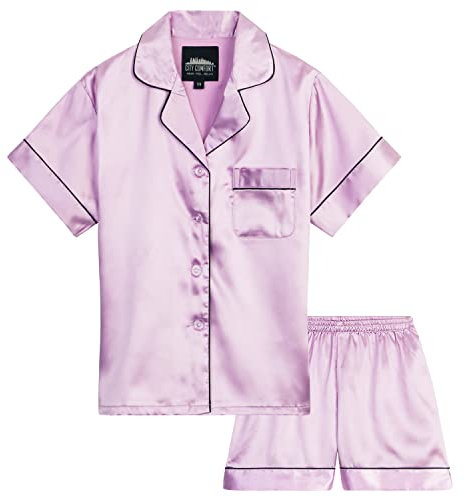 CityComfort Girls Pyjamas for Kids & Teenagers Summer Nightwear Sets Button Down Satin Short PJs Breathable Soft Loungewear Short Sleeved Jammies for Girls (11-12 Years, Lilac)