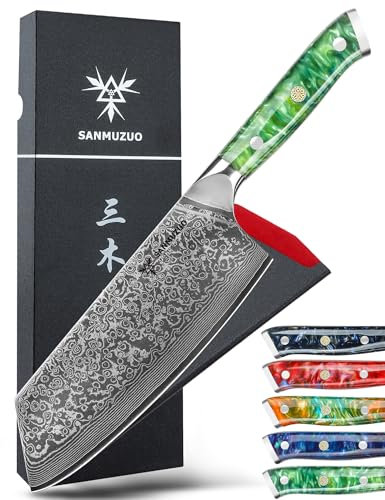 SANMUZUO Nakiri Messer 19 cm Profi Küchenmesser Damastmesser, Xuan Serie, VG10 Damaskus Stahl Küchenmesser mit Harz Griff(Smaragd Grün)
