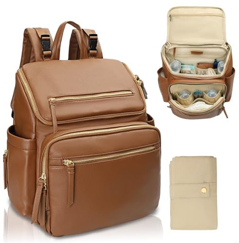 MISS FONG Baby-Wickeltaschen, Wickeltasche, Rucksack, Babytasche, Leder, Wickeltasche für Mama und Papa, multifunktional, großes Fassungsvermögen, mit 4 isolierten Taschen, Kinderwagen-Clips und