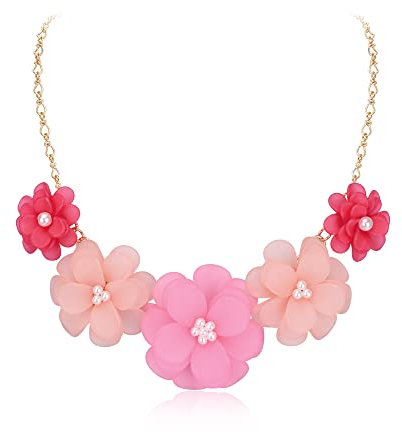 EVER FAITH Collar de Simulado Perla, Collares de Flores de Verano para Mujeres y Niñas Rosado Tono Dorado
