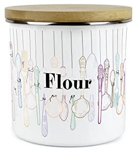 Purely Home Vintage Cutlery Flour Storage Canister - White Metal Enamel Kitchen Food Storage Container