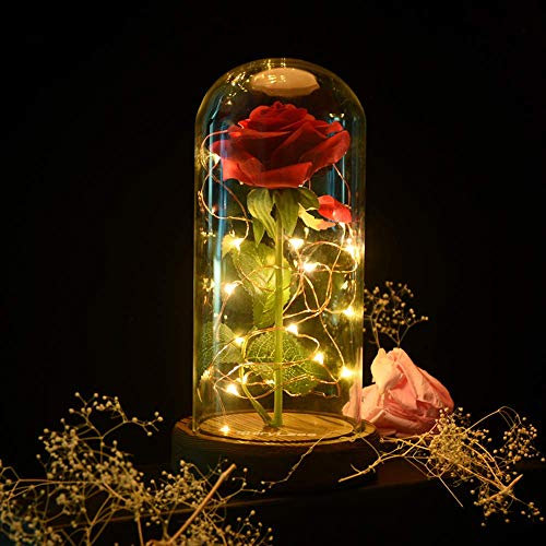 shirylzee Rosa la Bella e la Bestia, Rose Stabilizzate in Vetro con Luci, Rosa Eterna, Regalo Festa della Mamma, Romantico Decorazioni per Anniversario