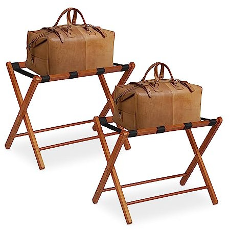 Relaxdays Porte-valises en Bois, Lot de 2, Supports Pliables, HxLxP : 54 x 66 x 48 cm, Rangement pour hôtel, Nature