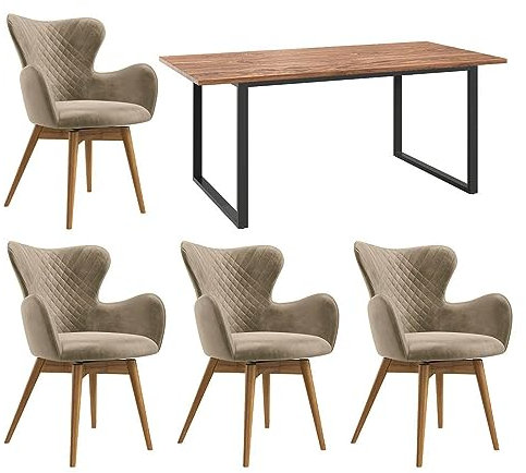 HOMELIV. Almond Essgruppe 5-TLG. mit Armlehnstuhl, Tisch 180x90 cm, Beige/Natur, gemütliche Sitzgruppe, EIN Blickfang für Ihren Wohnbereich