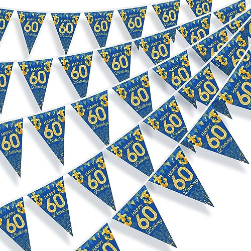 Marineblau Gold 60. Geburtstag Wimpel Fahnen, Blau Gold 60. Geburtstag Party Dekorationen Wimpel Banner, Blau Gold 60. Geburtstag Dreieck Flagge Banner für Männer Frauen 60. Geburtstag Jubiläum Party