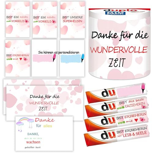 Erzieherin Aufkleber Set passend für Duplo Schokolade Abschiedsgeschenk für Erzieher mit vorgedruckten Aufklebern Abschied Erzieherin Kita + Grußkarte I ohne Schokolade 