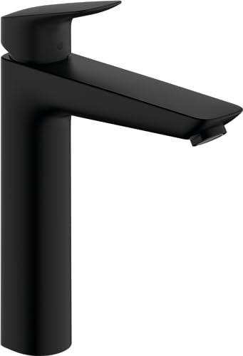 hansgrohe Logis - Waschtischarmatur mit Zugstange, Wasserhahn Bad mit Auslauf Höhe 190 mm, Mischbatterie Waschbecken wassersparend (EcoSmart), Mattschwarz