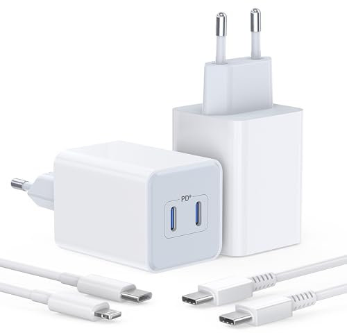 Chargeur USB C Rapide 40W, pack de 2 chargeurs rapides double port 20W, alimentation USB C, adaptateur secteur PD 3.0 avec câble de charge de 1,8 m pour iPhone 15, 14, 13, 12, 11 Pro Max, XS, iPad Pro