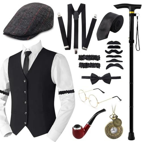 1920s Jahre Herren Accessoires, 20er Gangster Kostüm, Herren Accessoires Mafia Gatsby Kostüm Set, Weste Fedora Hut Schnurrbart für Mann Karneval Fasching Halloween Cosplay (Baskenmützen, XL)