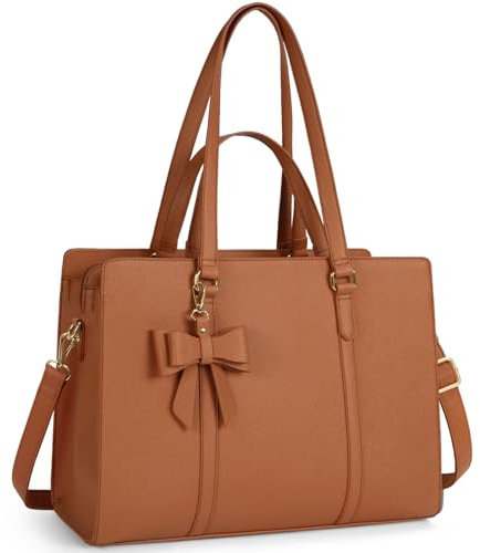 NEWHEY Laptop Tote Bags for Women 15.6 Inch Ladies Leather Laptop Handbags Designer Office Shoulder Bag Womens for Work School Business Shopping Brown