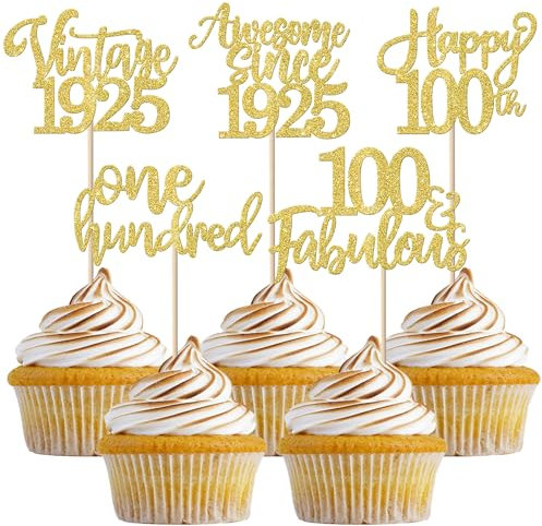 SYKYCTCY 30 Pack Happy 100th Birthday Cupcake Toppers Glitter One Hundred Awesome Since 1925 Cupcake Picks 100 Fabulous Cake Decorations for 100th Birthday Wedding Anniversary Party Supplies Gold