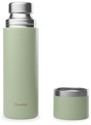 Qwetch - Thermo Isotherme Vert Tilleul 750ml - Thermos avec Gobelet Inox Recyclé - 24h Froid et 12h Chaud - Etanche, Sans BPA & Idéale pour Café et Thé