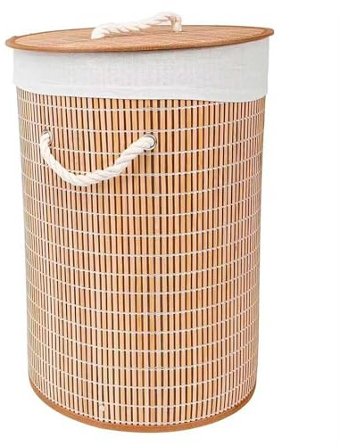 Acan Tradineur - Cesto plegable redondo de bambú para ropa sucia, 1 compartimento, incluye asas, tapa y bolsa de tela extraíble y lavable, pongotodo, colada, ligero - 35 x 35 x 50 cm