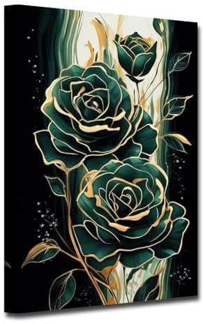 CXHOSTENT Smaragdgrüne Blumen Leinwand Wandbilder abstrakte Grün und Gold Kunstdrucke Gold Smaragd Rose Bild Heimdekoration gerahmt (B, 40.00 x 60.00 cms)