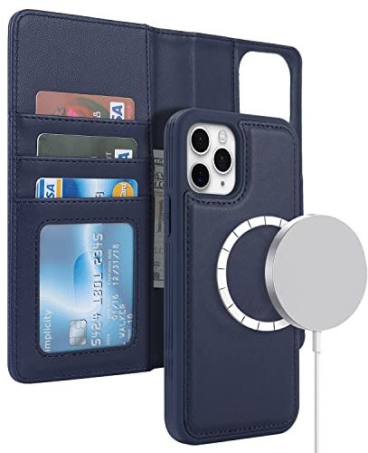 ELTEKER Hülle iPhone 12 Pro Max, Abnehmbare Magnetische, Kabelloses Laden, Klapphülle mit Kartenfach, Leder Hülle für iPhone 12 Pro Max - Blau