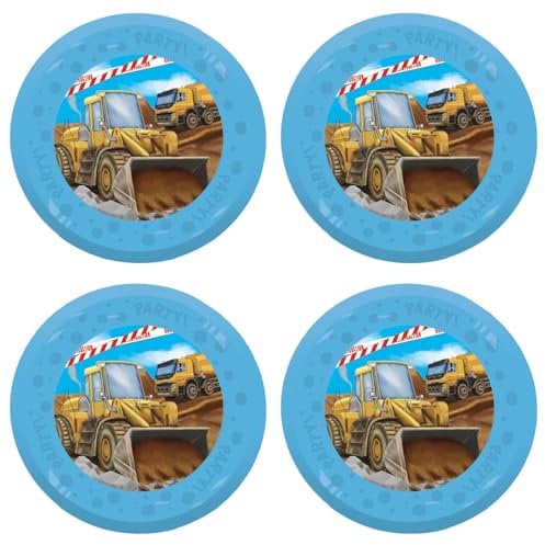Procos - Teller Construction aus Kunststoff, 4 Stück, wiederverwendbar, Partygeschirr für Geburtstag oder Mottoparty, Baustelle, Bagger