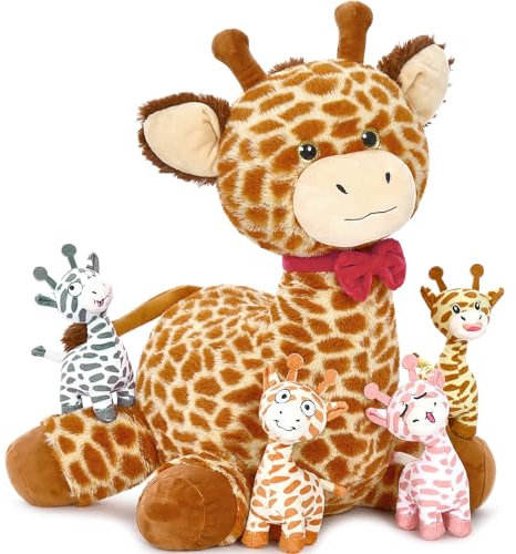 MorisMos riesen Giraffe Kuscheltier XXL mit 4 Plüsch Giraffe Baby im Bauch, 50cm hoch sitzend riesen Giraffe Stofftier Plüschtiere, Geschenk für Mädchen Kinder Baby Geburtstag Weihnachten