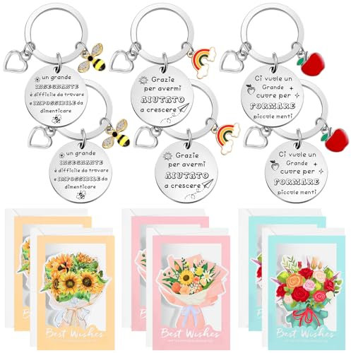 Hicarer 6 Sets de Cadeau pour Maîtresse d'École 6 Porte-Clés d'Enseignant de Fin d'Année 6 Cartes de Vœux de Fleurs 6 Enveloppes Blanches pour Graduation Remerciement École Maternelle Primaire Collège