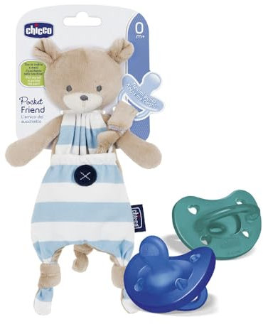 Chicco Set de porte-tétines et 2 gommes en silicone 16-36 mois, Pocket Friend Newborn Baby Rabbit Dummy Holders, pratique et hygiénique, set de gommes douces et délicates, idée cadeau, bleu clair