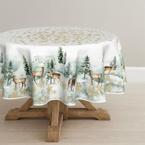 Artoid Mode Golden Schneeflocken Bäume Rentier Weihnachten Tischdecke Rund 140 cm, Winter Vögel Fleckschutz Tischwäsche Küche Dekoration Party Dekor