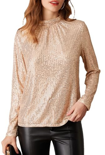 Damen Pailletten Shirt Oberteile Bluse Glitzer Langarmshirts Stehkragen Party Festliche Oberteil Rosé Gold 2XL CL2815A24-02