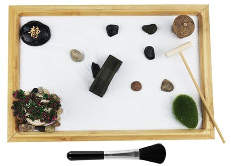 Zen Sand Garden for Desk - Compact Zen Garden, Wooden Sand Tray | Tabletop Zen Garden | Japanese Style Home Decor with Plant & 3 Bags of Sand for Desks, Kitchen Tables, s