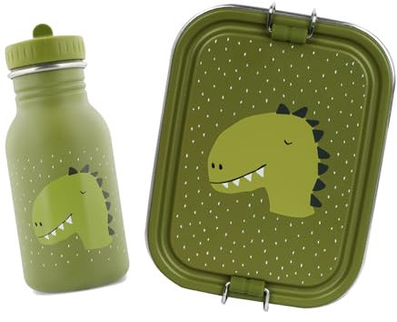 Trixie Baby Trinkflasche und Brotdose als Set aus Edelstahl mit optionaler Namens-Gravur Personalisierung (Dino, Small)