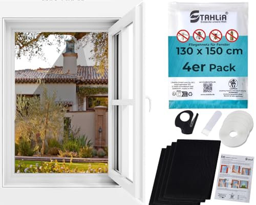 Stahlia 4 zanzariere per finestre, colore nero, 130 x 150 cm, zanzariera in poliestere, zanzariera fai da te, zanzariera ritagliabile per ogni finestra con forte velcro