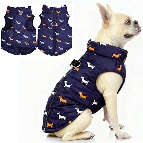 Asmea Dog Coat Warm Dogs Jacket Harness with D-ring Slightly Water-resistant Waterproof Puppy Coats for Cold Weather Christmas Dog Clothes Winter Small Dogs Coats Dachshund Coat Blue XS