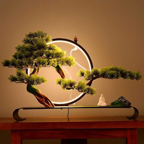 Zen Welcome Künstlicher Baum aus Kiefernholz, mit Lampenring und Rückfluss-Räucherstäbchen, realistische Bonsai-Grünpflanze für Zuhause, Büro, Schreibtisch und Schlafzimmer, Bauernhaus