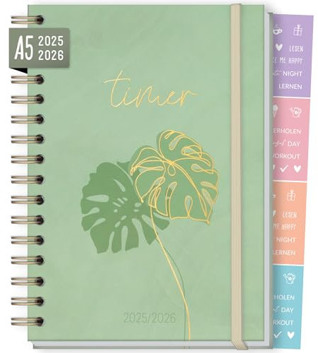 Häfft-Timer Fancy 2025/2026 A5 Green Monstera Schülerplaner mit Hardcover und Spiralbindung für Oberstufe, Ausbildung, Studium, Laufzeit Aug 2025 - Sep 2026 – nachhaltig & klimafreundlich
