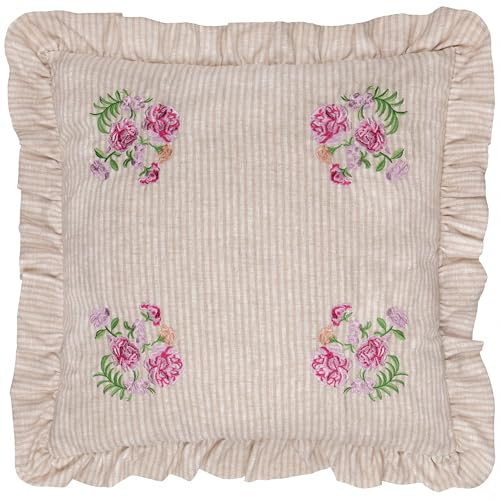 furn. Wylder Martha Ruffle Cushion Cover – Country Cottage Floral Embroidered Striped Decorative Case (Pink – 50x50cm)