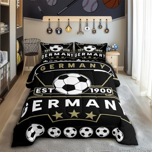 Feelyou Fußball-Sport-Bettwäsche-Set, Doppelbettgröße, Fußball-Thema für Kinder, Jungen, Bettdecken-Set, Deutschland, Fußball, Teenager, Schwarz/Gold, 2-teilig