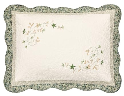 Modern Heirloom Harper Green Floral Embroidered Quilted Single Pillow Sham - Lightweight Breathable All Seasons Bedding, Standard Size