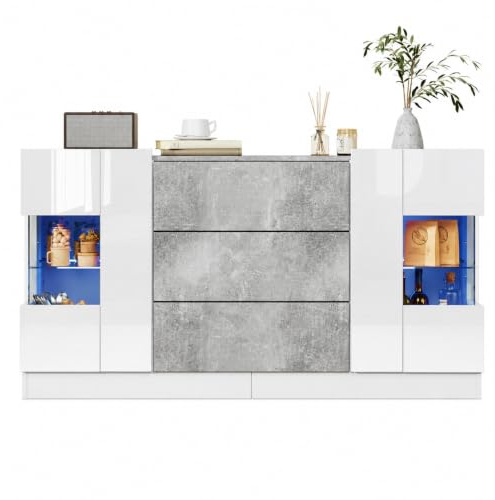 Elegantes Sideboard mit 2 Türen und 3 Schubladen – Hochglänzende weiße Fronten und Grauer Marmorlook, LED-Beleuchtung mit 16 Farben, 140x35x75 cm