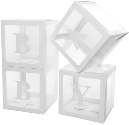 4 Boîtes décoratives pour fête - Boîtes à Ballons 30 x 30 x 30cm - Matériau Carton - Avec les Lettres BABY - Pour Décoration de Fond d'Anniversaires et Fêtes (Blanc)