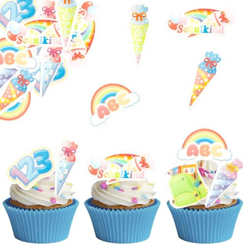 ALEGRE Cupcake Topper Einschulung,48 Stk Essbare Tortendeko Einschulung Kuchen Deko,Essbare Schulkind Deko für Torten,Kuchendeko Schulanfang,Endlich Schulkind 2025 Muffin Deko Schultüte Mädchen Junge