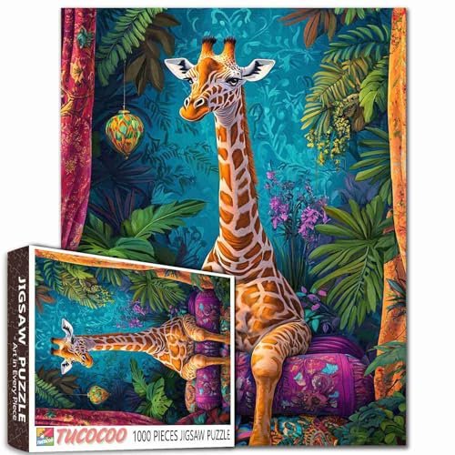 Aihonmin Niedliche Giraffen-Puzzles für Erwachsene, 1000 Teile, Tier auf Sofa, Puzzle, grüne Blätter, Puzzles für anspruchsvolle Familienaktivitäten, buntes DIY-Kunst-Puzzle, Heimdekoration