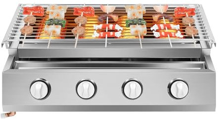 Wiefiche 4 Brenner Gasbräter, Edelstahl 4 Brenner BBQ Gasgrill, Unabhängige Zündung, Höhenverstellbarer Tischgrill mit abnehmbaren Stahlplatten, für Camping Balkon Garten (57x39x17.5cm)