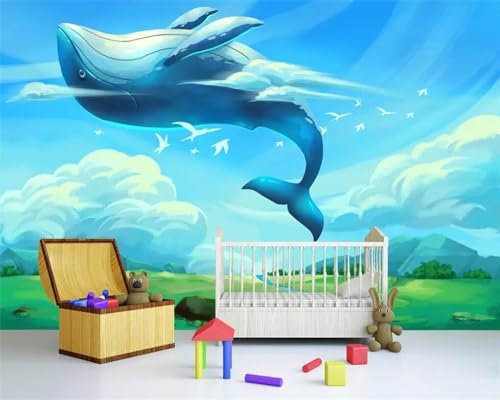 3D Sea Whales Photo Wallpaper - Non-Woven Art Print Fleece Wall Mural Decoration, Modern Optical Illusion Design, Large 350cm x 250cm Poster for Home & Office