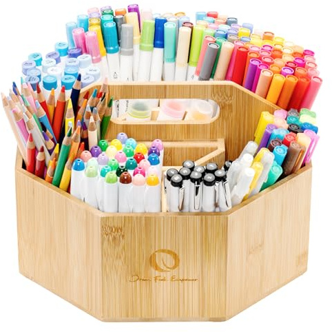 Ohuhu 360° Drehbarer Stifte-Organizer für 162 Honolulu & Oahu Marker | 360° drehbarer Bambus Stifte-Organizer mit 10 Fächern für Schreibtisch, Büro & Zuhause