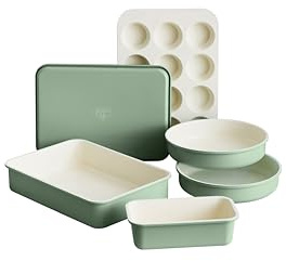 GreenLife 6 Piece Nonstick Bakeware Set, Non-Toxic PFAS-Free Ceramic Oven Pans, Dishwasher & Oven Safe to 450°F, Easy Release Baking Sheet, Loaf Pan, Rectangle & Round Cake, Muffin Pan, Sage