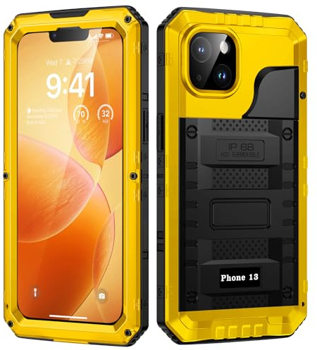 Lanhiem Cover per iPhone 13, IP68 Impermeabile, Metallo Armor, Giallo | 360° Completa Waterproof Case con Protezione Schermo, Militare Antiurto Subacquea Antipolvere Custodia per iPhone 13