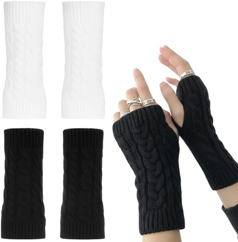 Handstulpen Damen,2 Paar Handstulpen Schwarz Und Weiß, Fingerlose Handschuhe Damen, Pulswärmer Damen, Fingerlose Handschuhe Damen Für Weihnachten/Geburtstagsgeschenk, Weiches Elastisches Material