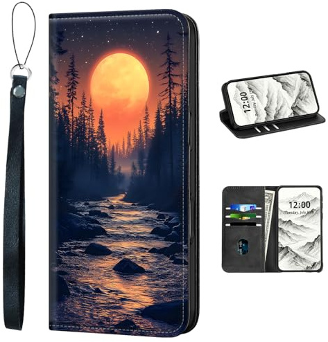 VOGDMKJG PU Leather+TPU Phone Case for iPhone 14- Stylish Flip Folio Wallet Cover Protective with Wrist Strap & Card Holder for Women/Man/Girl/Boy On-The-Go Lifestyle Stream Forest