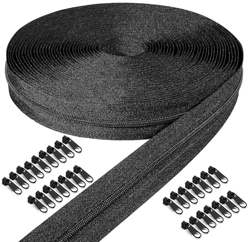Chiusura lampo infinita nera con cerniera, 5 mm 15 m nylon chiusura lampo infinita al metro e 30 cerniere nere in metallo per vestiti, borse, biancheria da letto, cuscini ecc.