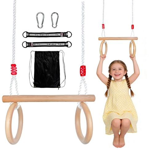 Altalena a Trapezio in Legno, Multifunzionale 2 in 1 Altalena da Giardino per da Interno e da Esterno Capacità di Carico Massima 100 kg Lunghezza Della Fune Regolabile